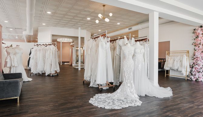 A glimpse into the 1,000+ wedding dresses available throughout Sophia’s four locations, and here in the main dress shopping space of Southport. This collection is carefully curated to include every style, shape, color and size brides can dream of, with more dresses found in all corners of the store.