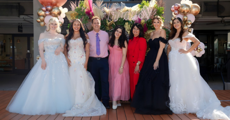 Owners Steven Blechman and Rebekah Blechman with daughter Liliana Blechman (center) and models at Trudys 50 Years of 'Yes to the Dress' Celebration in October 2024. Photo credit: Danny Acevedo, DBApix